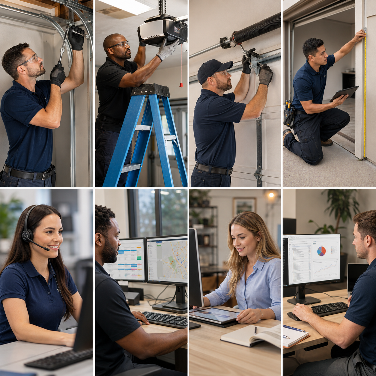 Collage of a garage door company at work: torsion-spring adjustment, opener installation, track and bracket repair, on-site measurement, and the office team handling calls, dispatch, quotes, and reporting