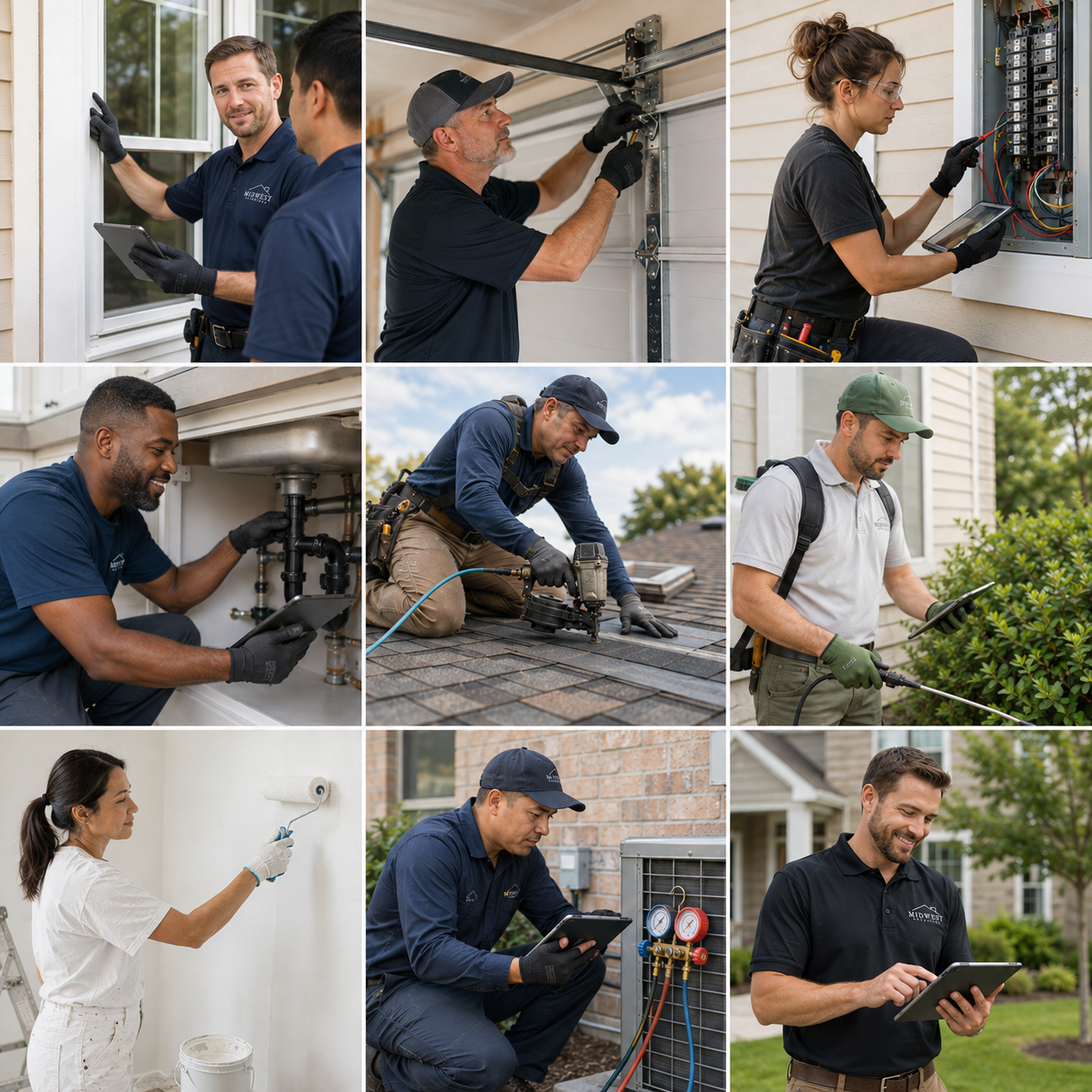 Collage of tradespeople at work: window installation, garage-door repair, electrical panel work, plumbing, roofing, pest control, painting, and HVAC service